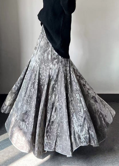Französisch-grau bedruckte Seidensamtröcke mit extra großem Saum, Frühling