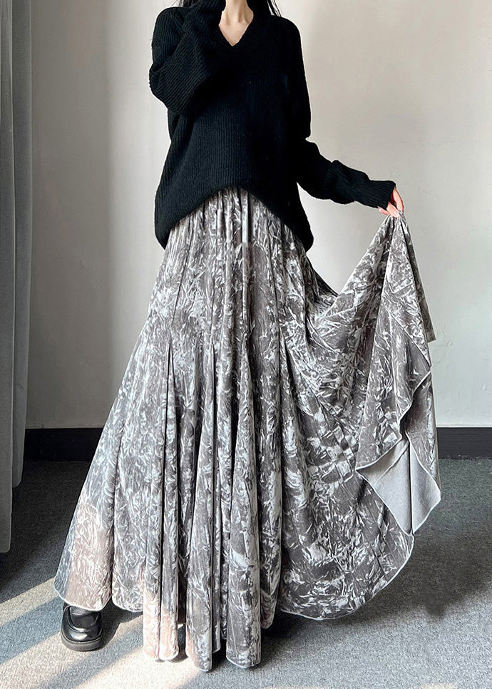 Französisch-grau bedruckte Seidensamtröcke mit extra großem Saum, Frühling