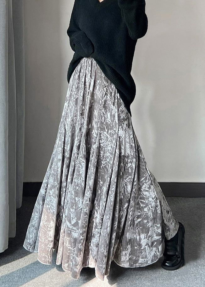 Französisch-grau bedruckte Seidensamtröcke mit extra großem Saum, Frühling