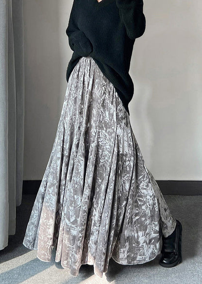 Französisch-grau bedruckte Seidensamtröcke mit extra großem Saum, Frühling