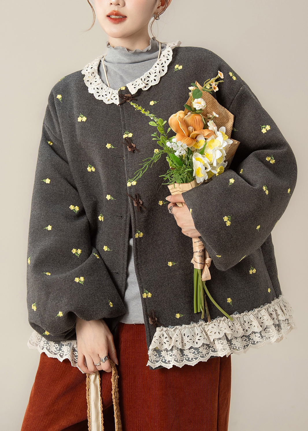 Abrigos de invierno con relleno de algodón fino y patchwork de encaje con estampado gris francés