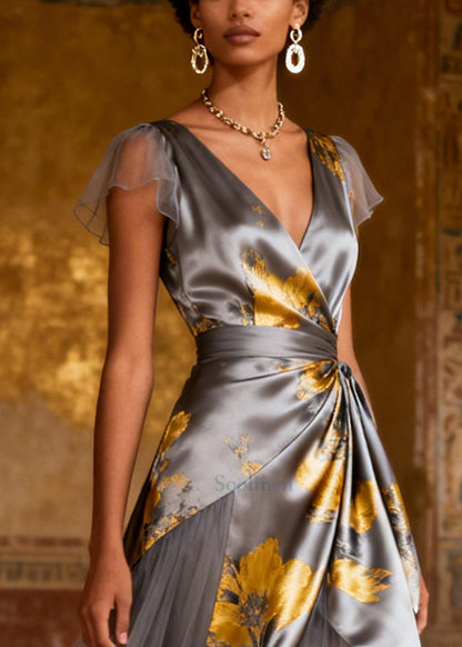 French Grey Print Patchwork Tulle Silk Dinner Dress Summer