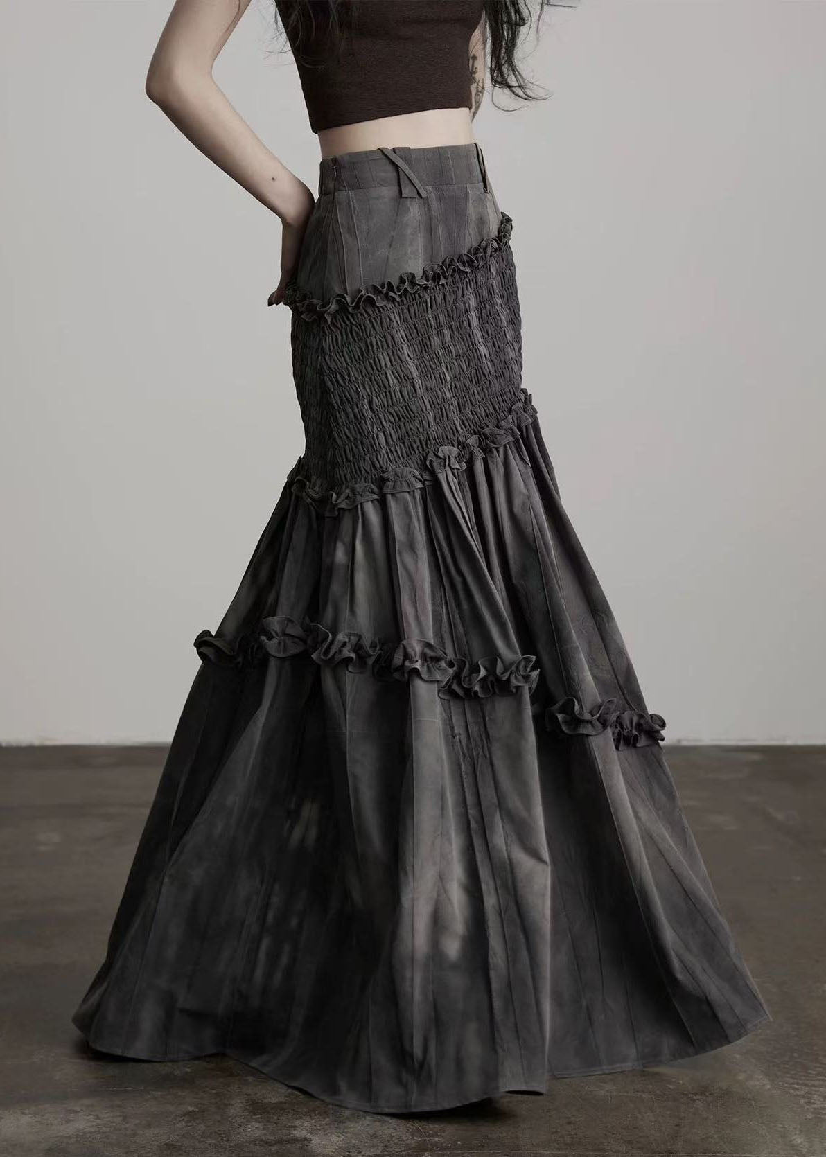 Französische graue Rüschen-Patchwork-Baumwollröcke, Frühling