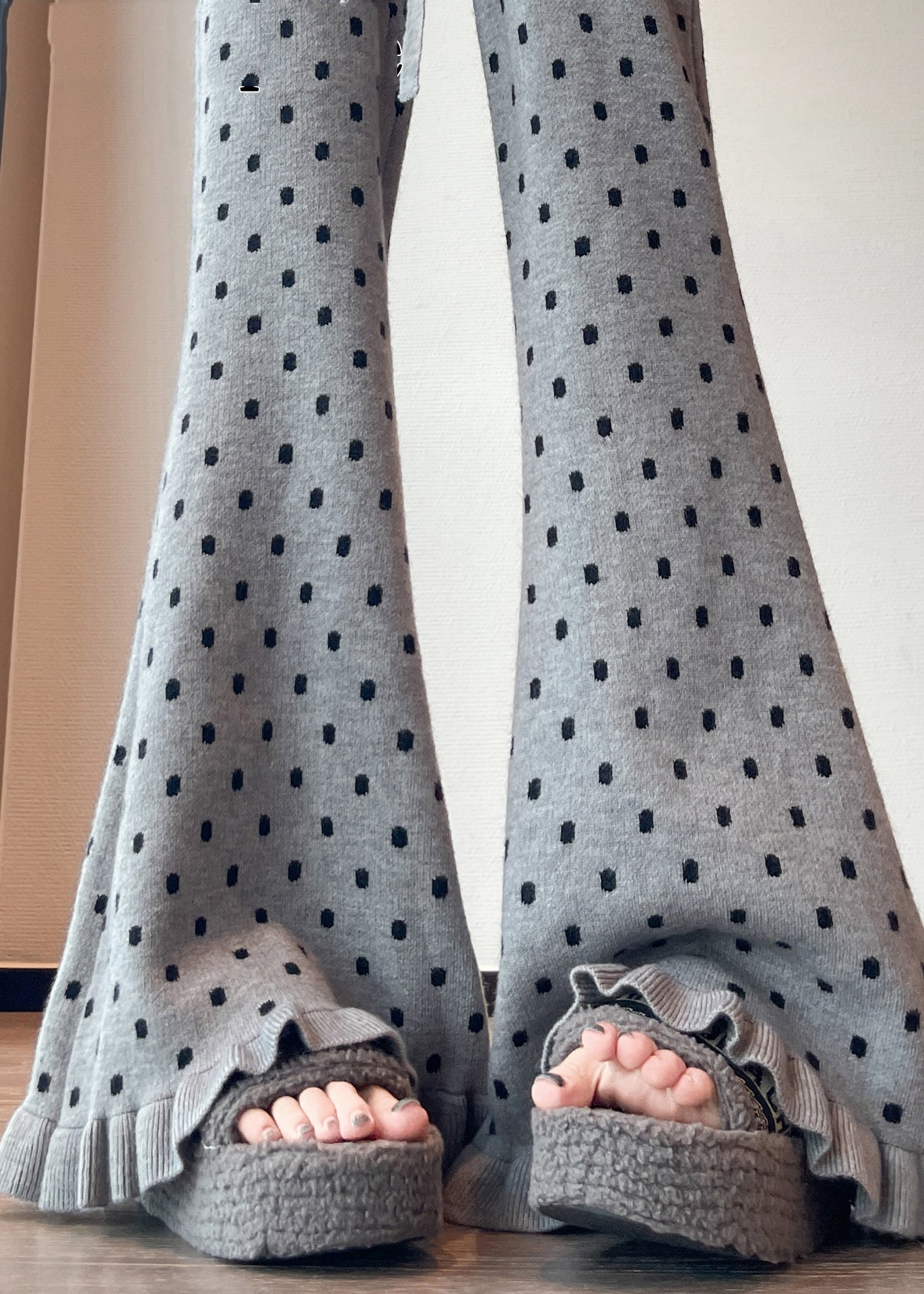 French Grey Ruffled Print Knit Bell-bottom Trousers Winter