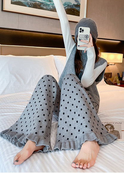 French Grey Ruffled Print Knit Bell-bottom Trousers Winter