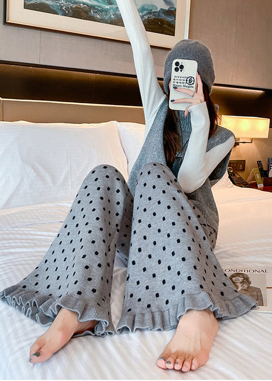 French Grey Ruffled Print Knit Bell-bottom Trousers Winter