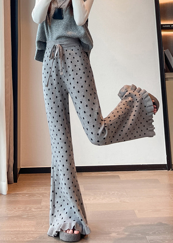 French Grey Ruffled Print Knit Bell-bottom Trousers Winter