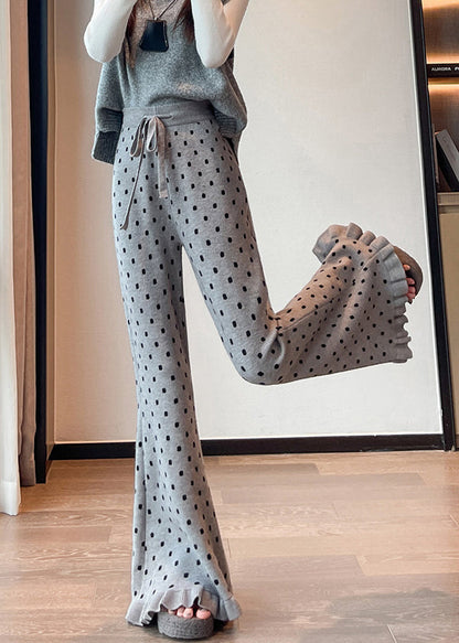 French Grey Ruffled Print Knit Bell-bottom Trousers Winter