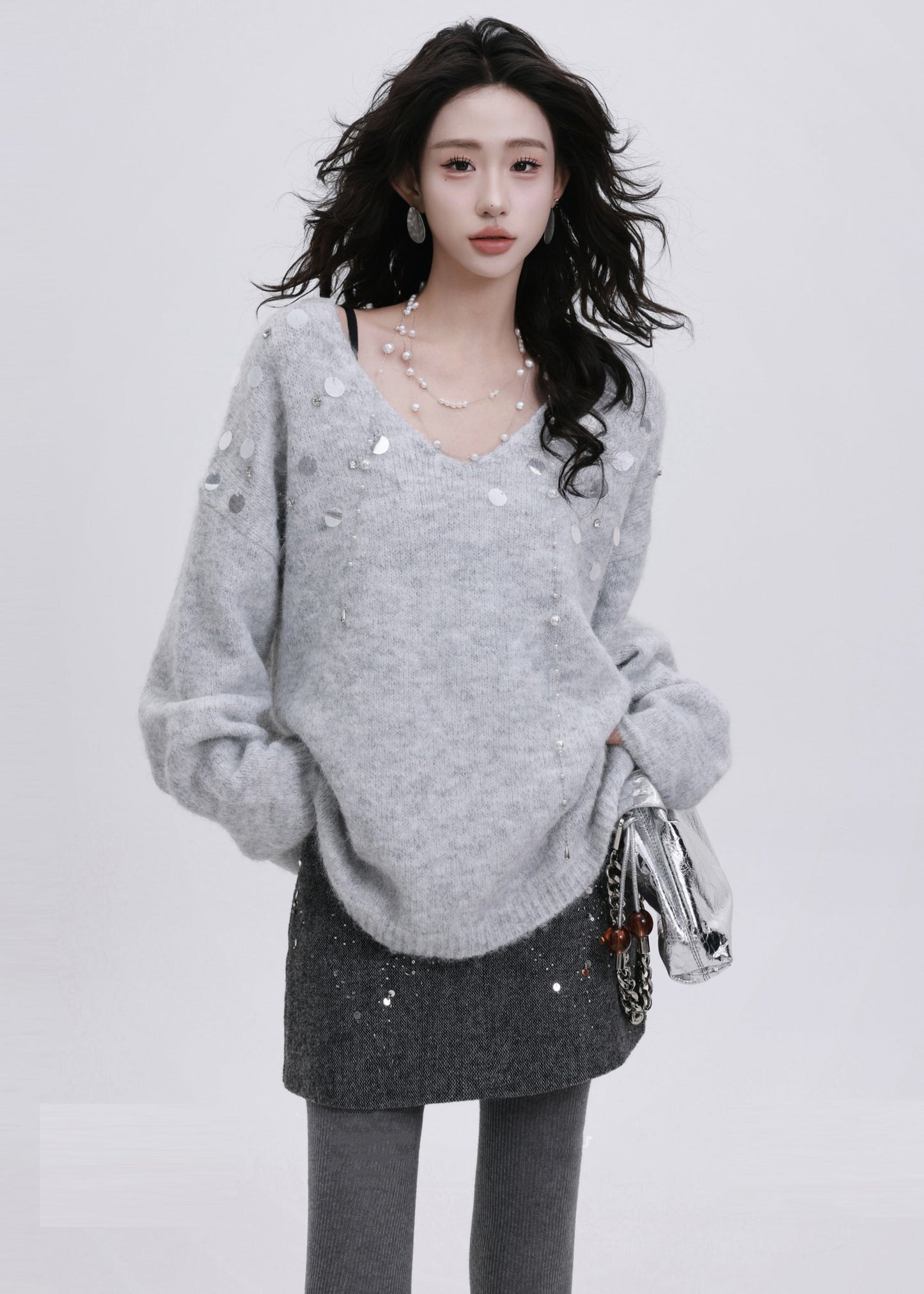 French Grey Sequins Rhinestone Knit Short Sweater Winter