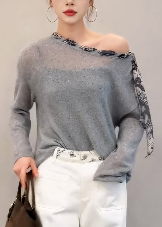 French Grey Slash Neck Patchwork Knit Blouse Top Fall