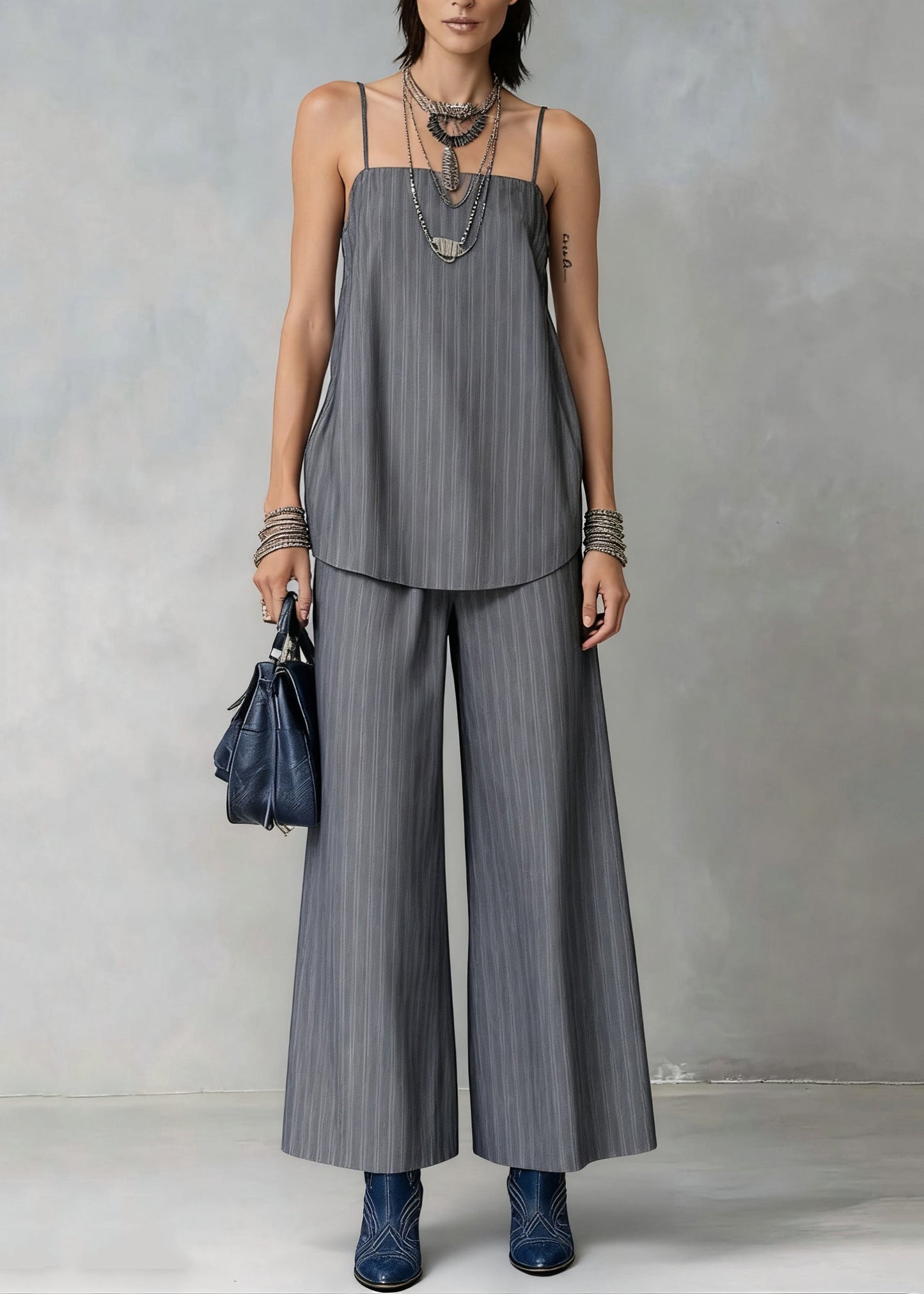 French Grey Striped Spaghetti Strap Tank And Wide Leg Pants Cotton Two Pieces Set Sleeveless