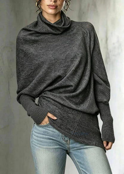 French Grey Turtleneck Asymmetrical Knit Sweaters Batwing Sleeve