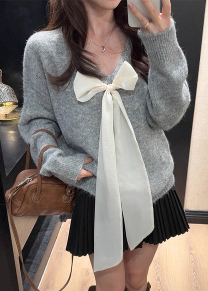 French Grey V Neck Bow Knit Sweaters Spring