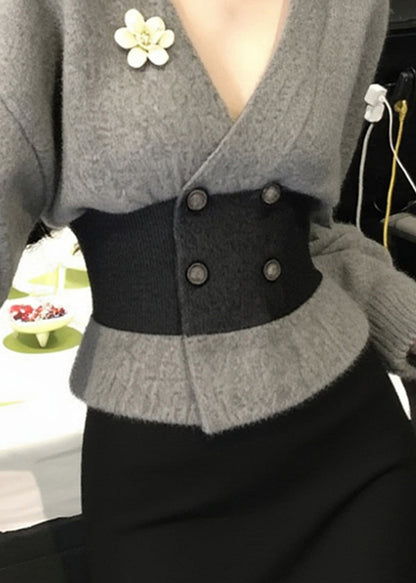 Französische graue Strickmäntel mit V-Ausschnitt, Knopfleiste und Patchwork-Design für den Winter