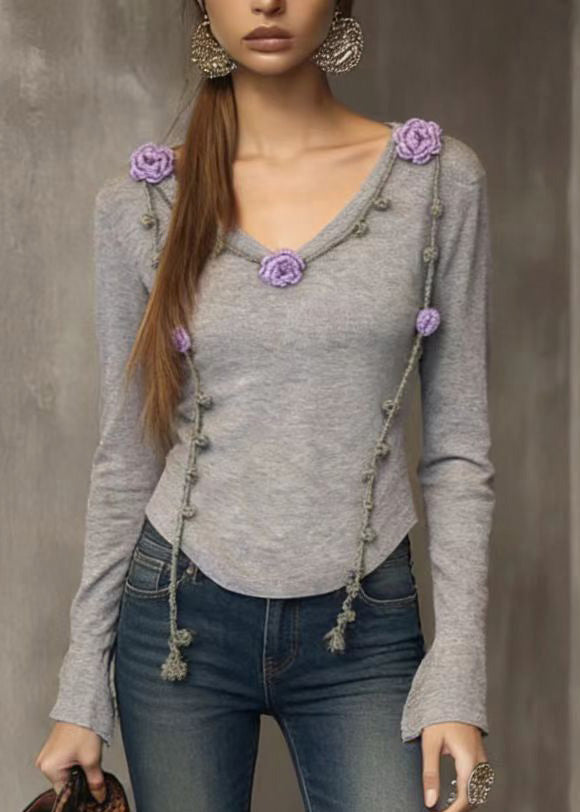 French Grey V Neck Floral Slim Fit Knit Top Spring