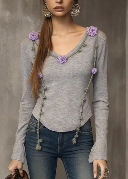 French Grey V Neck Floral Slim Fit Knit Top Spring