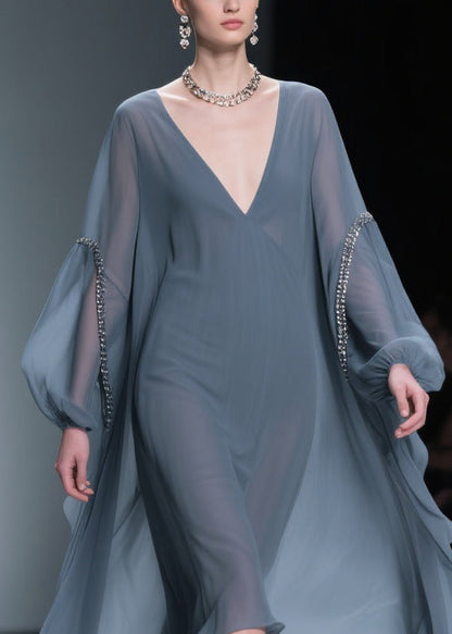 French Grey V Neck Oversized Chiffon Dress Lantern Sleeve