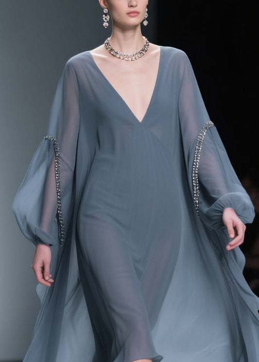 French Grey V Neck Oversized Chiffon Dress Lantern Sleeve