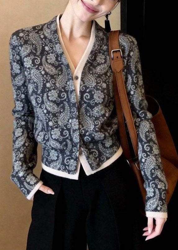 French Grey V Neck Print False Two Pieces Cotton Top Fall