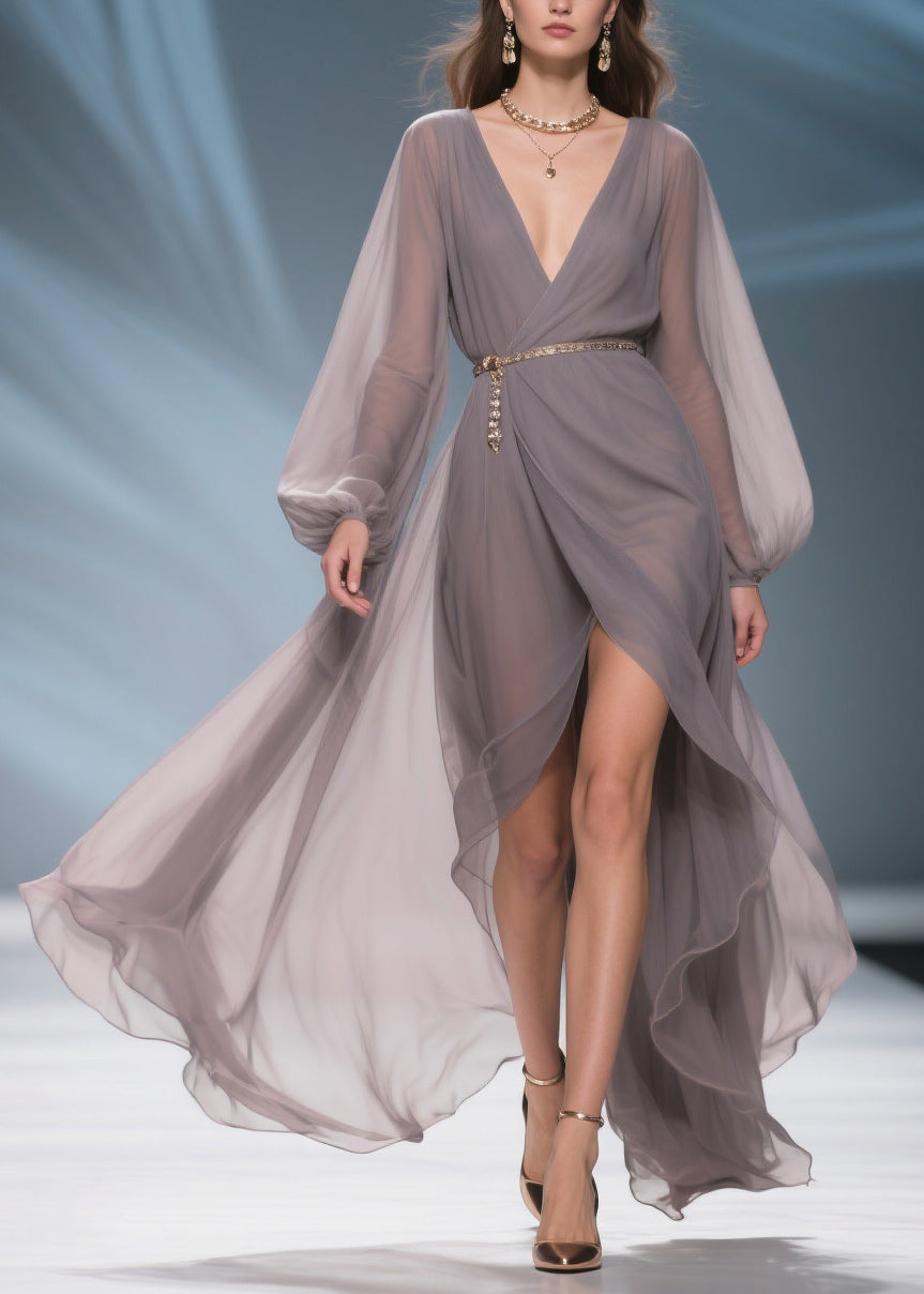 French Grey V Neck Side Open Chiffon Long Dresses Spring