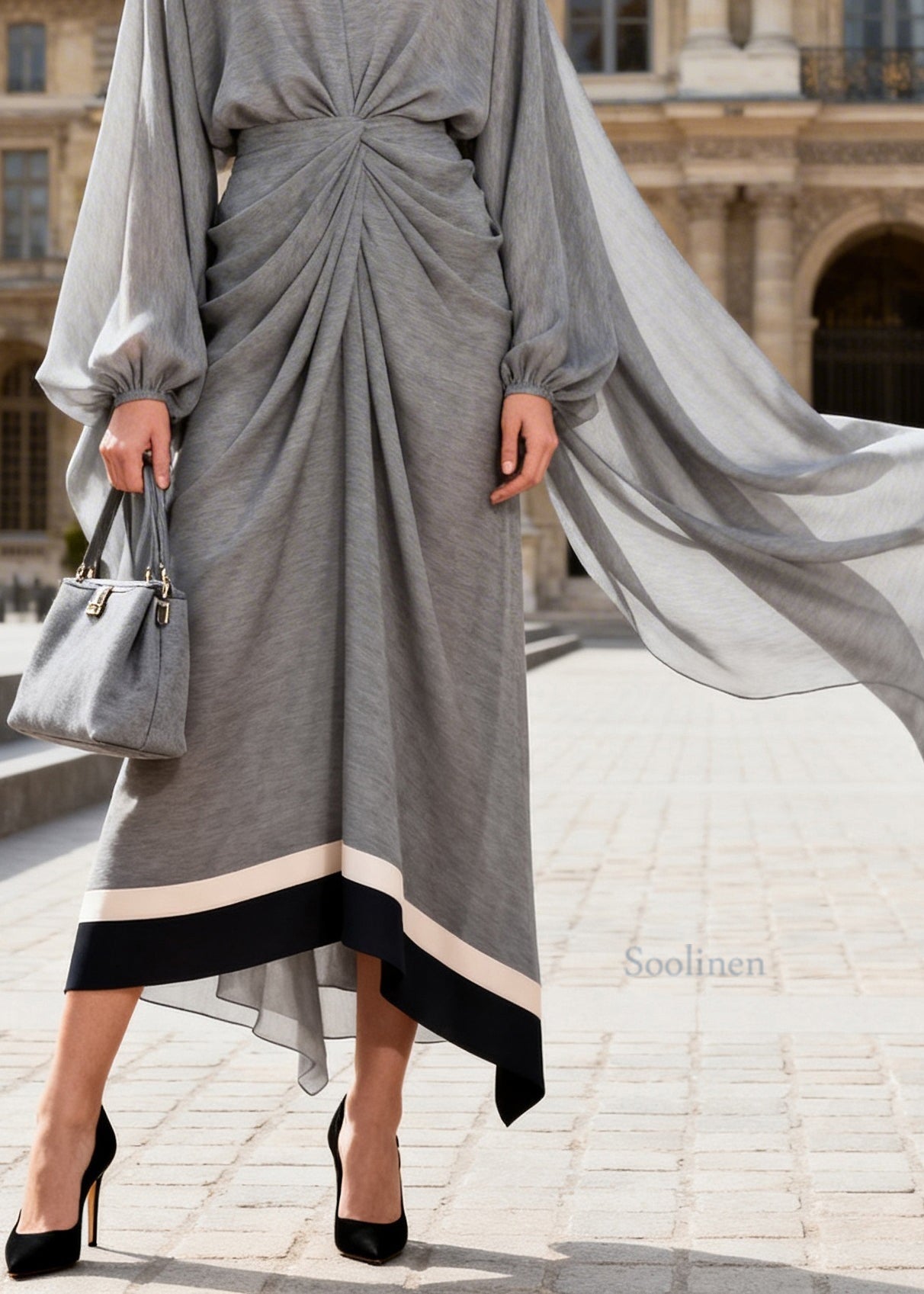 French Grey V Neck Wrinkled Patchwork Cotton Dress Long Sleeve