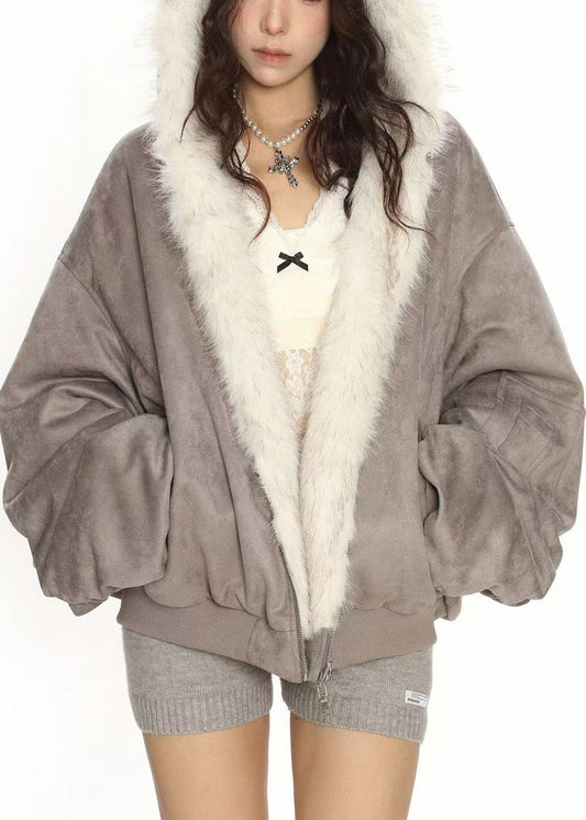 Abrigos de invierno con capucha de ante sintético en gris francés para usar por ambos lados