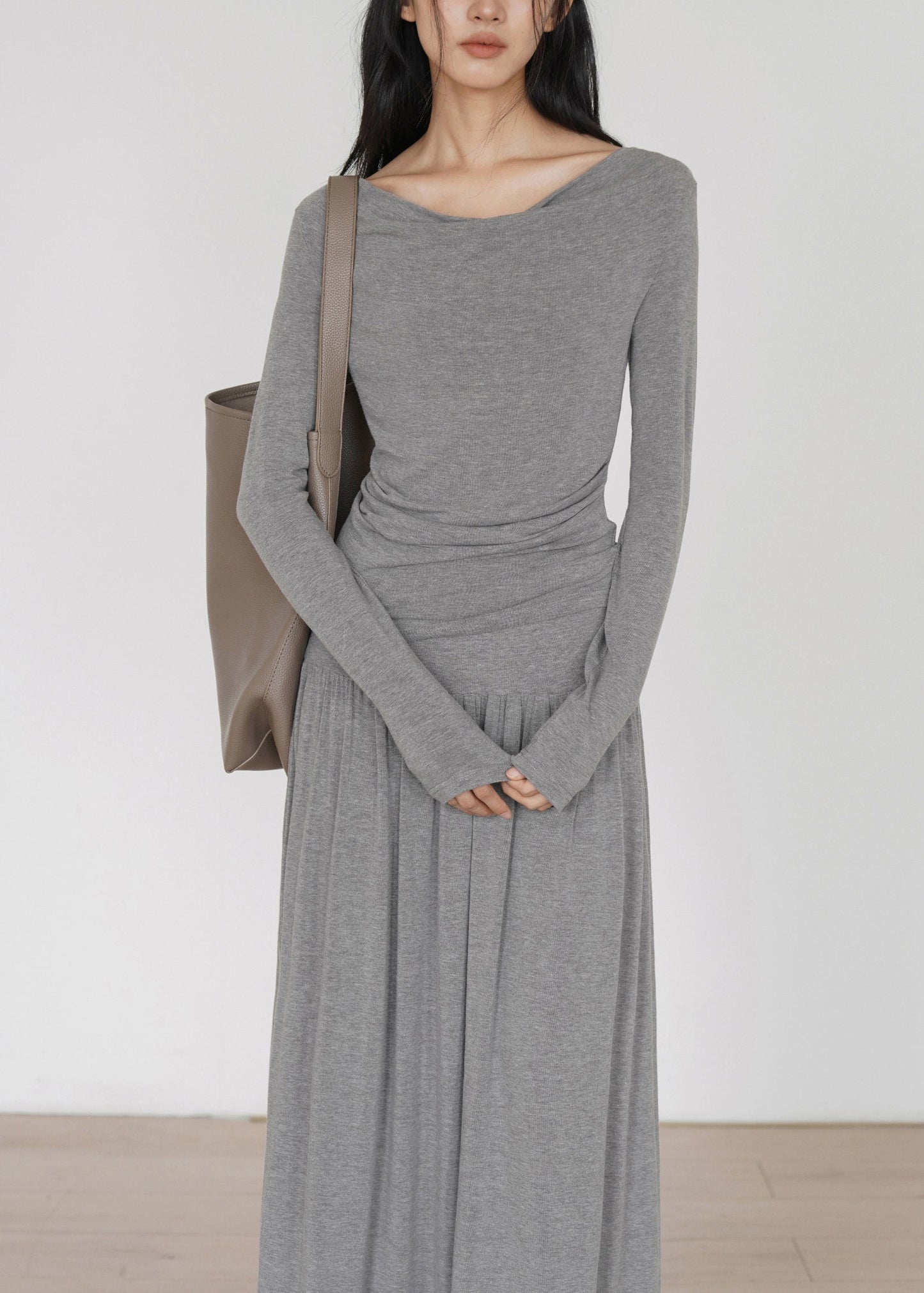 French Grey Wrinkled Cotton Two-Piece Set Long Sleeve