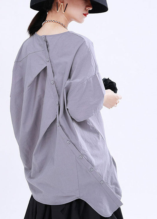 French Grey asymmetrisches Design Button Patchwork Herbst Shirt Halbarm