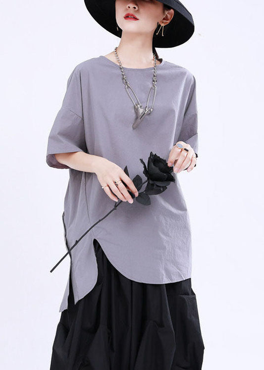 French Grey asymmetrisches Design Button Patchwork Herbst Shirt Halbarm