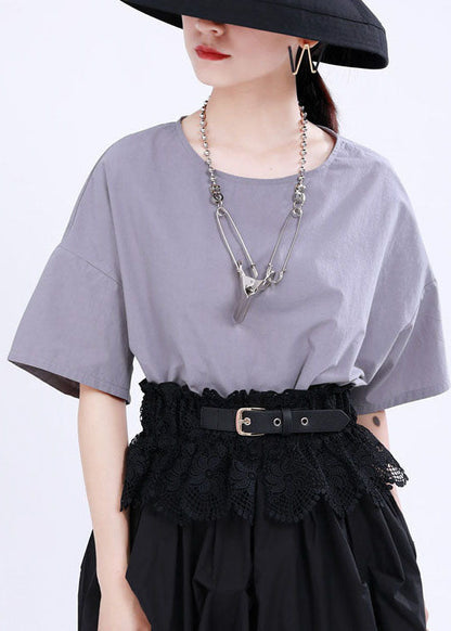 French Grey asymmetrisches Design Button Patchwork Herbst Shirt Halbarm