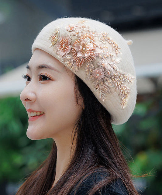 French Handmade Beige Bead Embroidered Warm Beret Hat