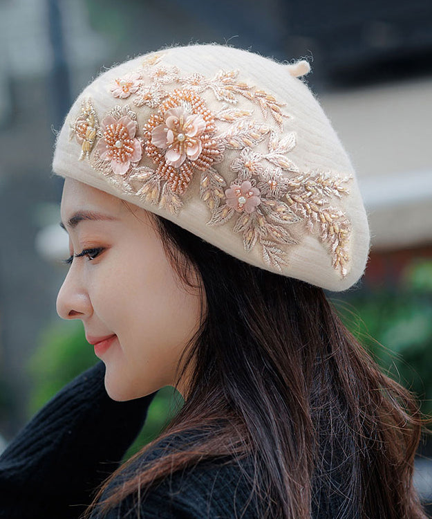 French Handmade Beige Bead Embroidered Warm Beret Hat
