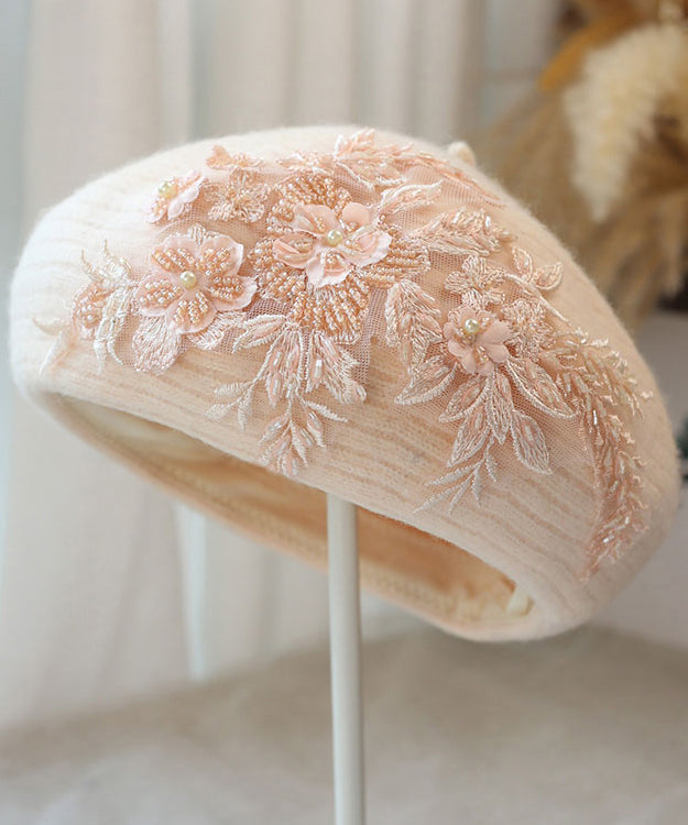 French Handmade Beige Bead Embroidered Warm Beret Hat