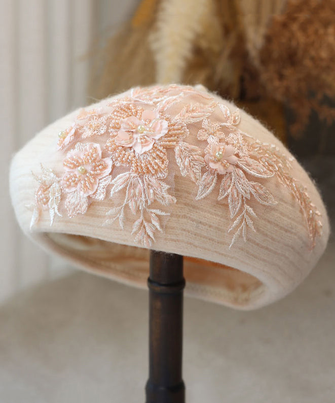 French Handmade Beige Bead Embroidered Warm Beret Hat