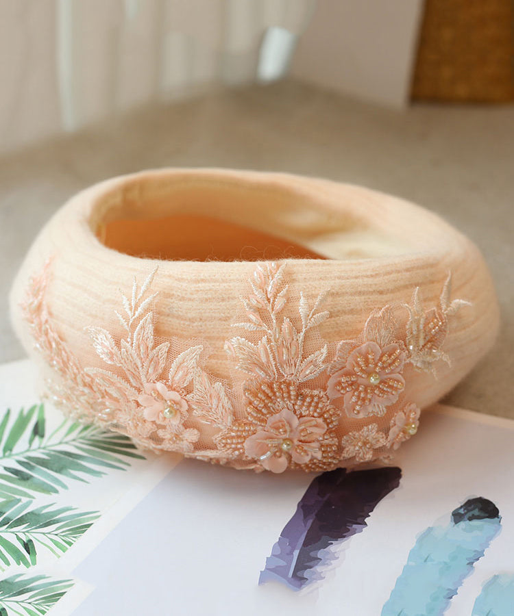 French Handmade Beige Bead Embroidered Warm Beret Hat