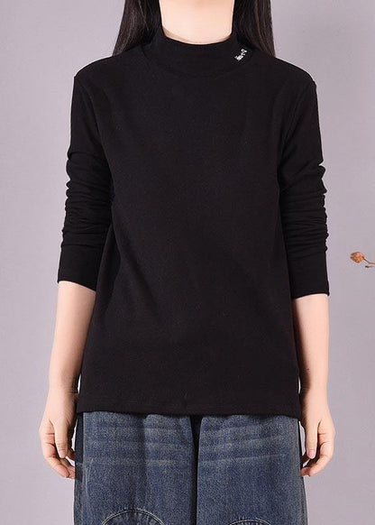 French High Neck Spring top silhouette pattern Black shirts - SooLinen