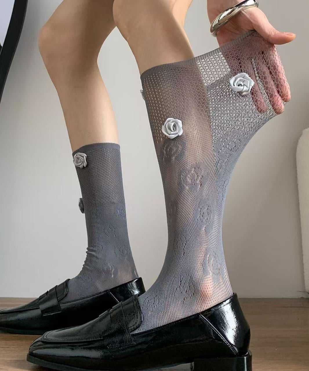 Calcetines por encima de la pantorrilla con encaje floral, rosas y transpirables, calados y franceses