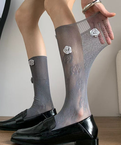 Calcetines por encima de la pantorrilla con encaje floral, rosas y transpirables, calados y franceses