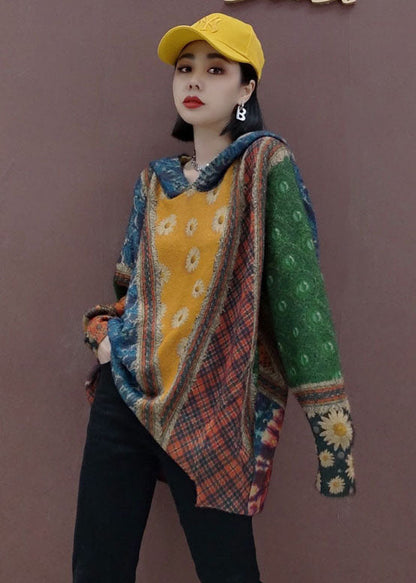 Französischer Strickpullover mit Kapuze und Print, Oberteile für den Winter