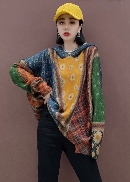 Französischer Strickpullover mit Kapuze und Print, Oberteile für den Winter