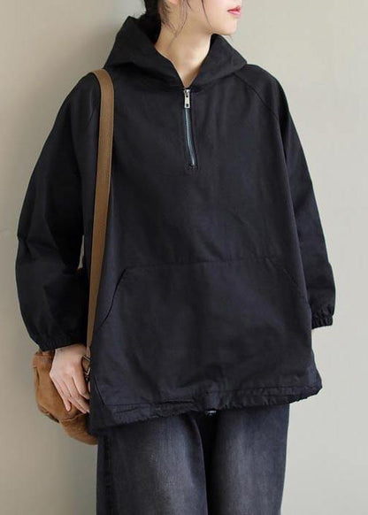 French Hooded Zip Up Spring Clothes Fashion Ideas Black Top - SooLinen