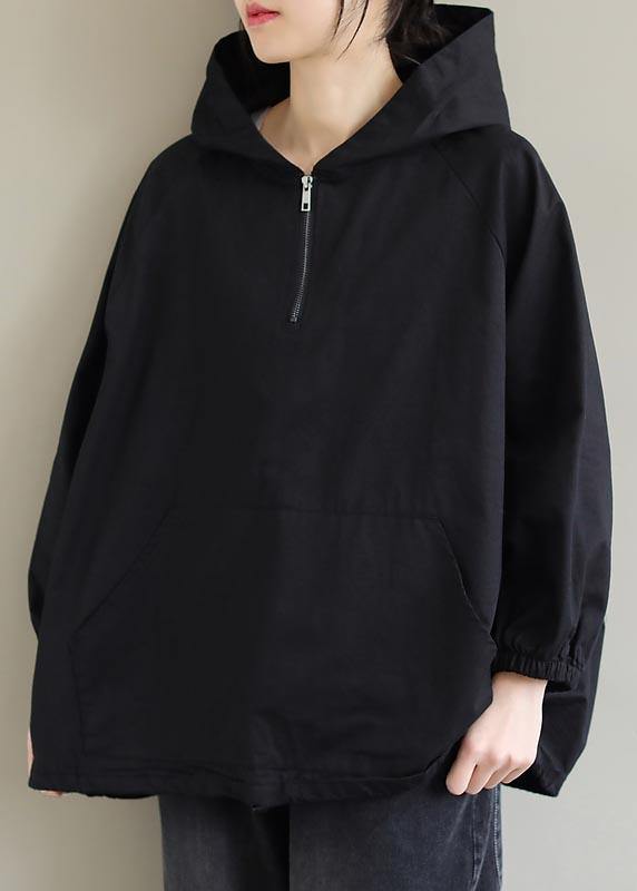 French Hooded Zip Up Spring Clothes Fashion Ideas Black Top - SooLinen
