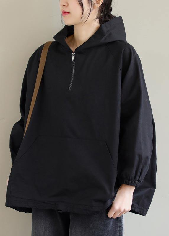 French Hooded Zip Up Spring Clothes Fashion Ideas Black Top - SooLinen