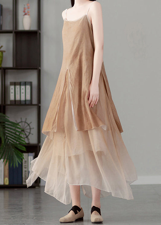 Französisches Khaki Asymmetrisches Patchwork-Kleid aus Baumwolle mit Spaghettiträgern, ärmellos