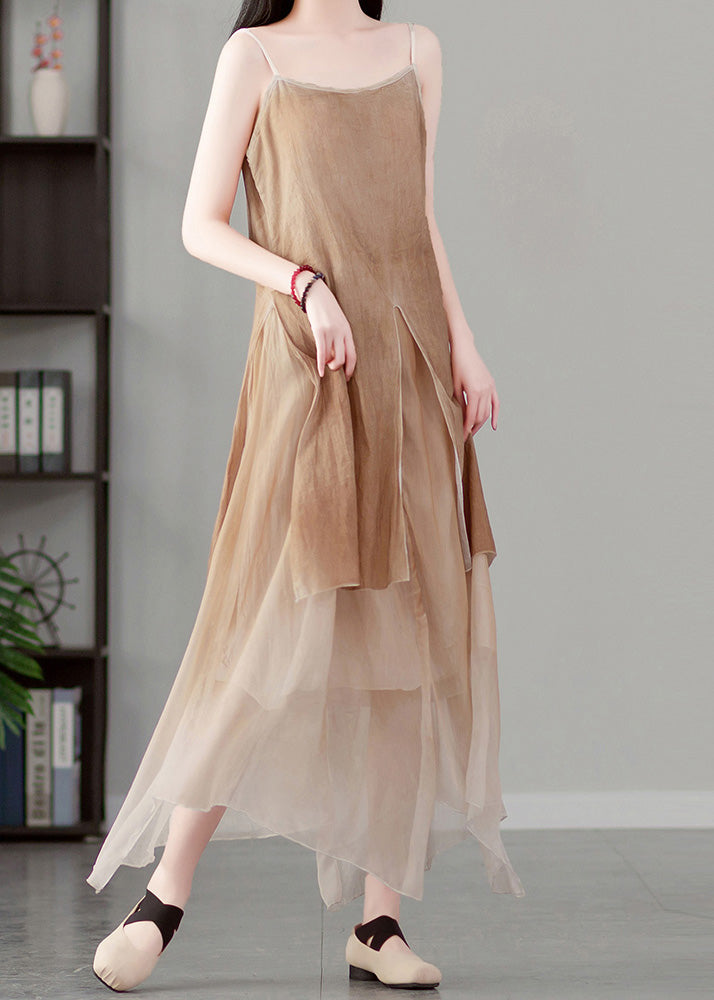 Französisches Khaki Asymmetrisches Patchwork-Kleid aus Baumwolle mit Spaghettiträgern, ärmellos