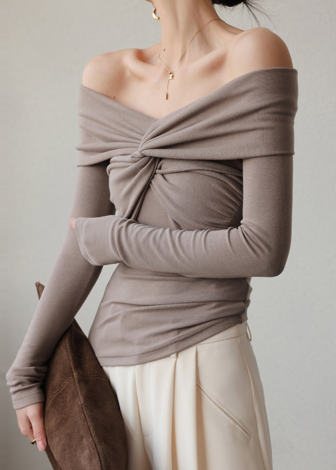 French Khaki Cold Shoulder Cotton Shirt Tops Spring