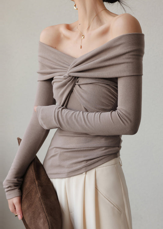 French Khaki Cold Shoulder Cotton Shirt Tops Spring