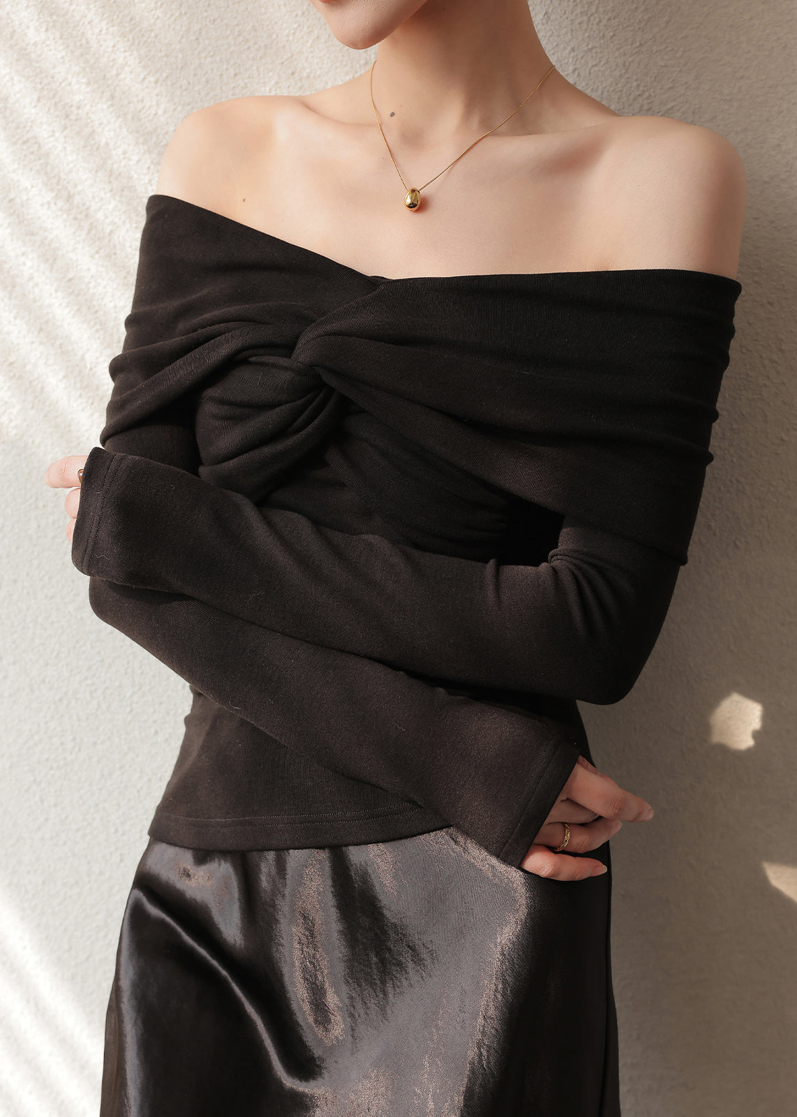 French Khaki Cold Shoulder Cotton Shirt Tops Spring