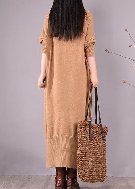 French Khaki Dress Zippered Pockets Dresses Spring Dress - SooLinen