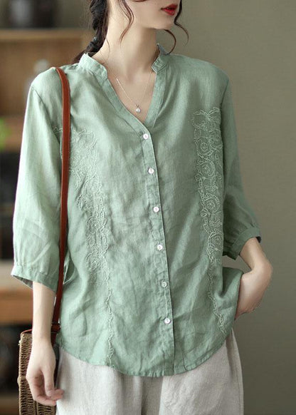 French Khaki Embroideried V Neck Ramie Blouse Top Summer - SooLinen